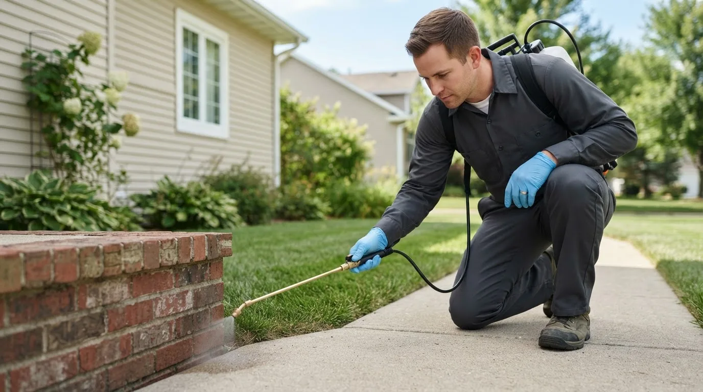 Pest control technician treating a home near Commerce City, CO