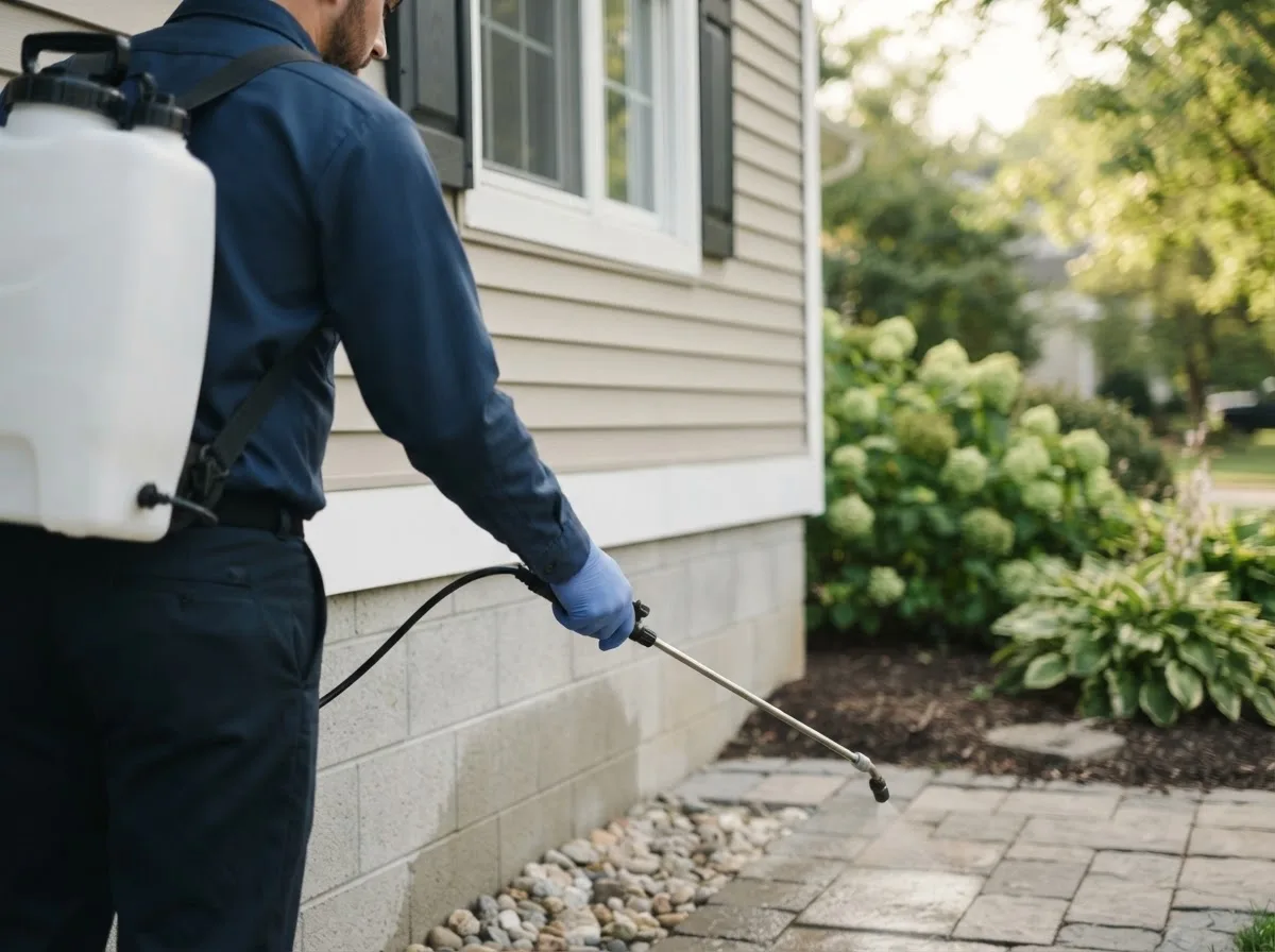 Pest control technician inspecting a home in Commerce City, CO